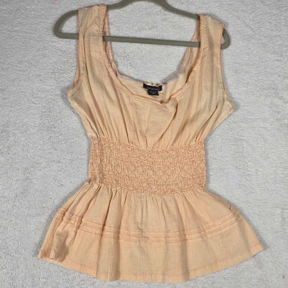 Fashion Web Peplum Top Womens Medium Peach Smocked Beaded Boho Gauze